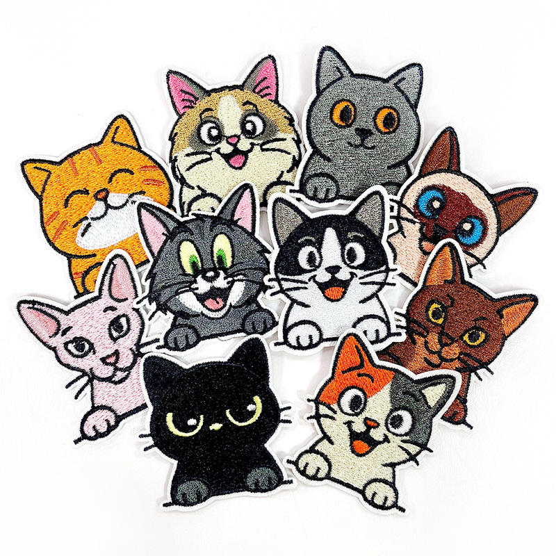 かわいい猫の刺繍布ステッカー、オレンジ猫、三色猫、黒猫など、かわいい表情の粘着アイロン接着パッチ|undefined