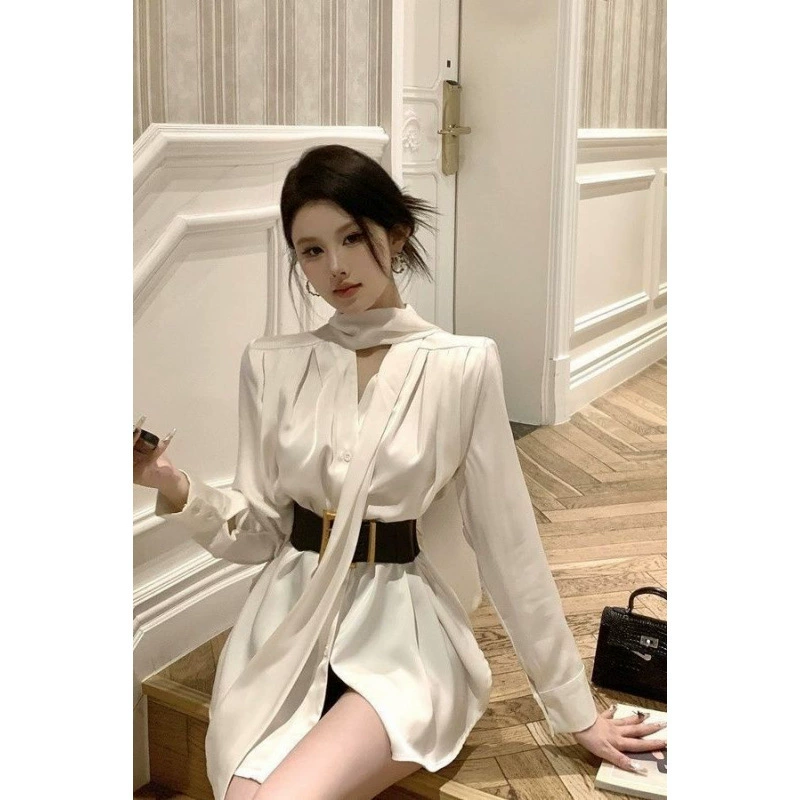 Платье-рубашка с высокой талией и атласной лентой во французском стиле, модное светское платье высокого класса.