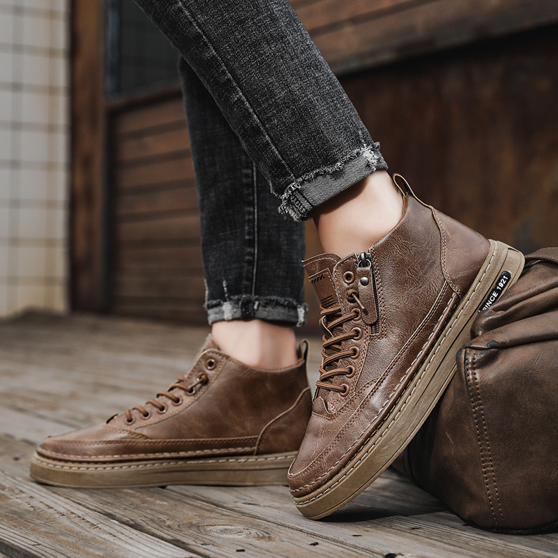 Otoño y invierno nuevos zapatos de skate de cuero de alto impacto de color sólido, zapatos de trabajo casuales de base plana, zapatos de hombre de moda sin lazos