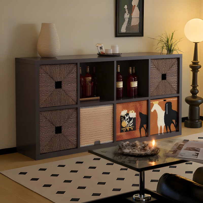 Black Cabinet Living Room Storage Cabinet Floor-Standing Wall Bookcase Bookshelf Simple Living Room Storage Rack Retro Plaid Cabinet