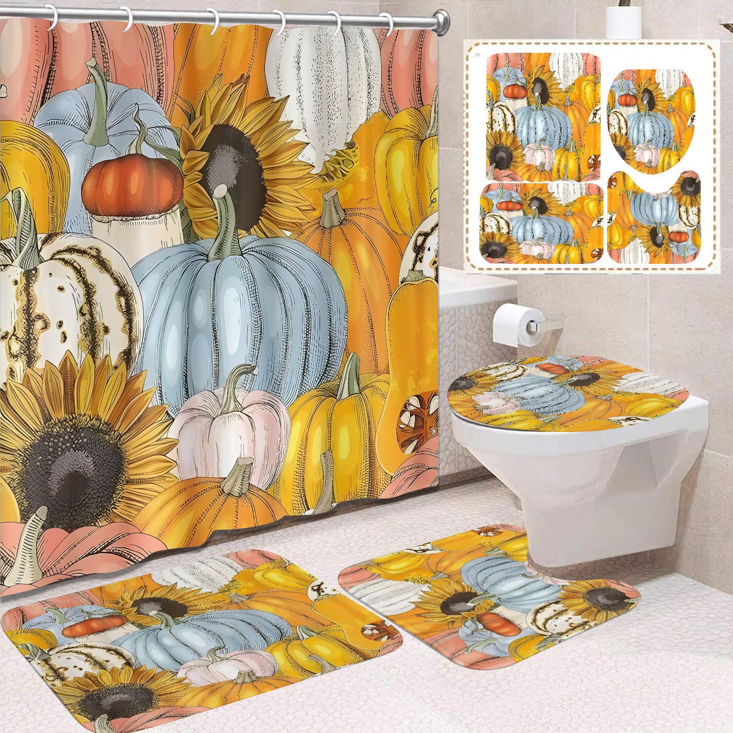 Cortina de ducha de Acción de Gracias, cosecha de otoño, serie de calabaza, cortina de ducha, cortina de baño, cortina de baño impermeable de poliéster, cortina de baño de cuatro piezas image 11