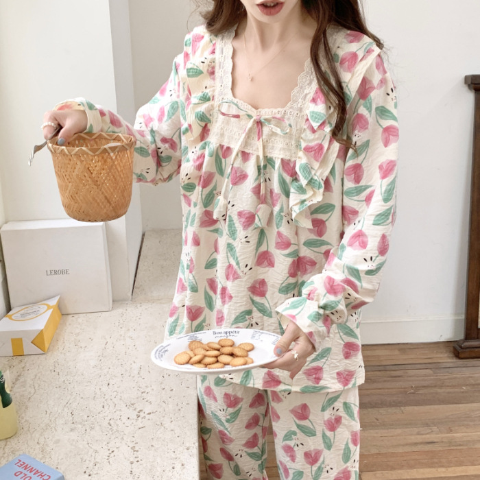 Pequeño floral Rosa otoño y el invierno nuevo pijamas de las mujeres tejidas algodón fresco manga larga dulce encaje hogar desgaste traje