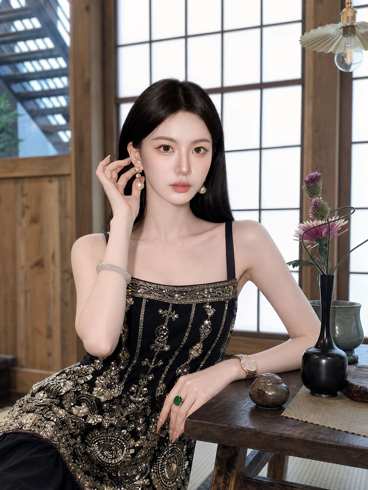 Đầm maxi nữ thắt eo phong cách tân cổ điển đính kết cườm thêu hoa — màu đen