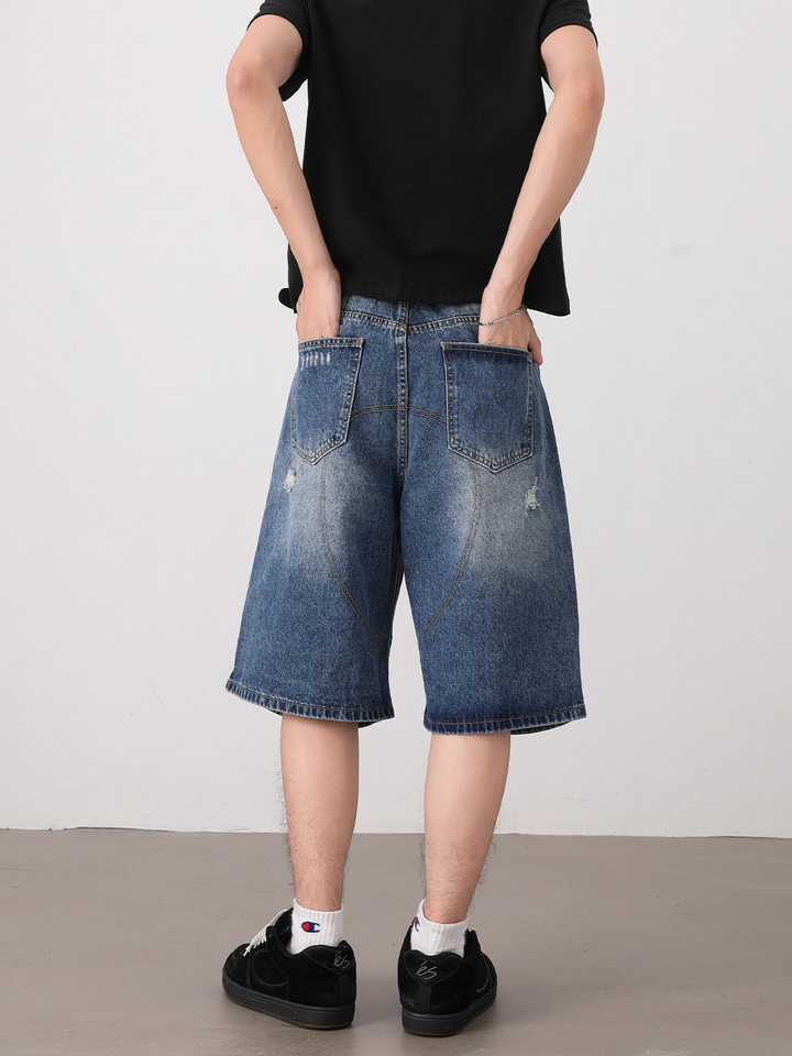 Quần short jean nam dáng rộng phong cách retro, rách giặt mài, lửng ống đứng — Màu xanh dương
