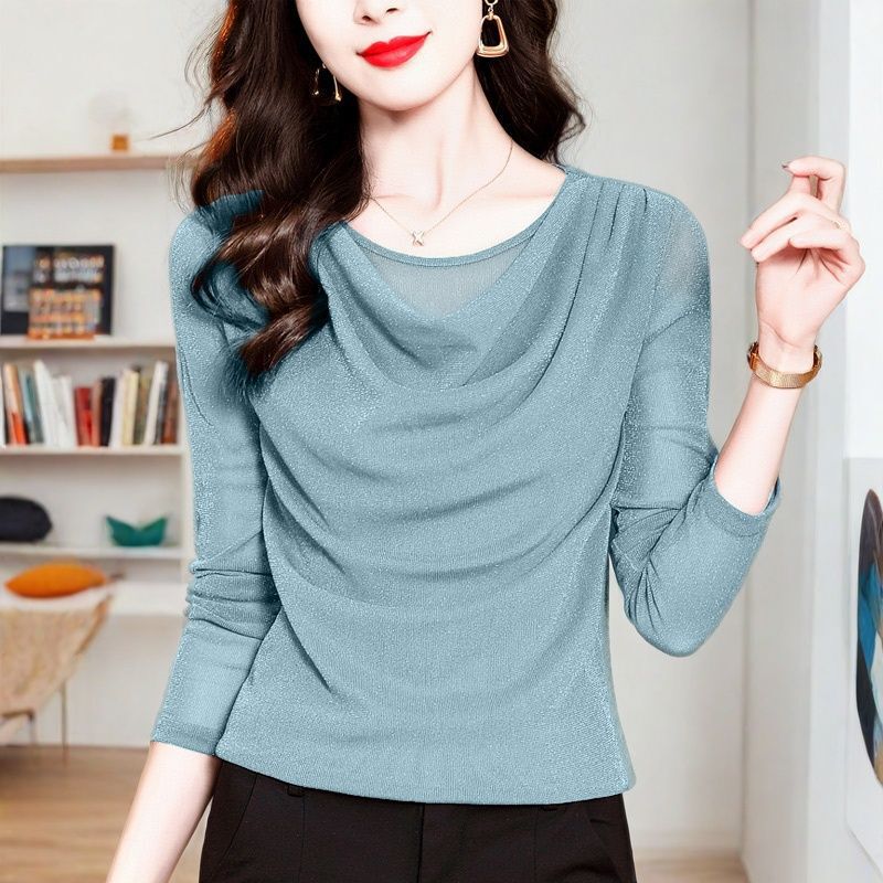 Fashionable off-shoulder mesh base shirt for women, 2026 autumn new high-end shiny silk T-shirt, lace top Fashionable off-shoulder mesh base shirt for women, 2026 autumn new high-end shiny silk T-shirt, lace top