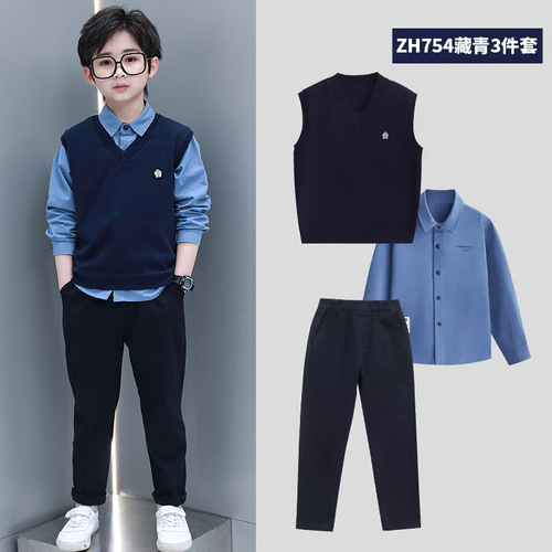 Boys' Spring and Autumn Set 2024 New Children's Middle and Large Children's Stylish College Style Long Sleeve Shirt and Vest Three-Piece Set