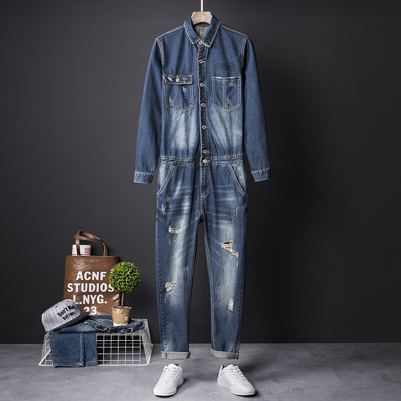 British Retro Denim Jumpsuit Suit Men's Trendy Brand Ripped Washed Workwear Jumpsuit Youth Denim Pants