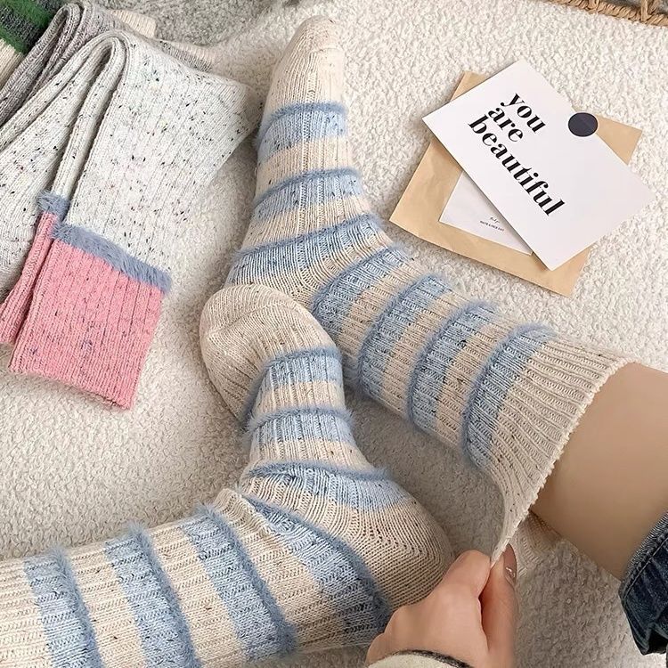 袜子女加厚毛毛中筒堆堆袜点子粗线撞色ins潮韩国秋冬拼色保暖袜|undefined