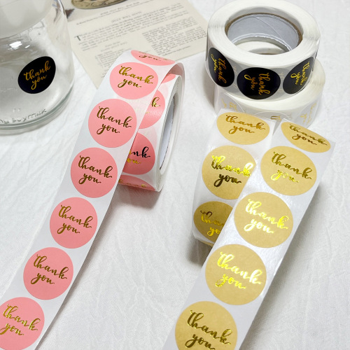 Cross-border thank you sticker self-adhesive pink black hot stamping seal envelope gift wedding decoration roll round