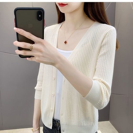 Cardigan Knitted Coat Women's Thin Spring and Summer Ice Silk Shawl Outer Short All-Match Sunscreen Air-conditioning Shirt Hollow Top