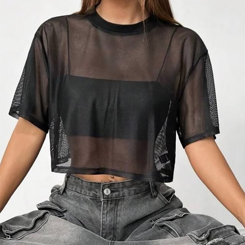 2025 New European and American Style Cross-Border Black Mesh Short Top Short-Sleeved Design Loose Outer Blouse Wholesale
