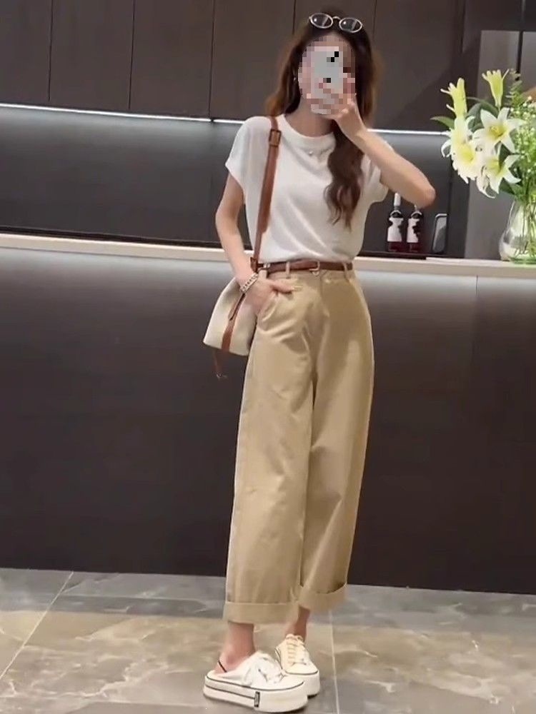 Bộ đồ thể thao nữ mùa hè áo thun phối quần jogger 2 món — Quần Xanh (Single Piece), Quần kaki (Single Piece), Áo Trắng (Single), Áo trắng+quần kaki chi tiết 5
