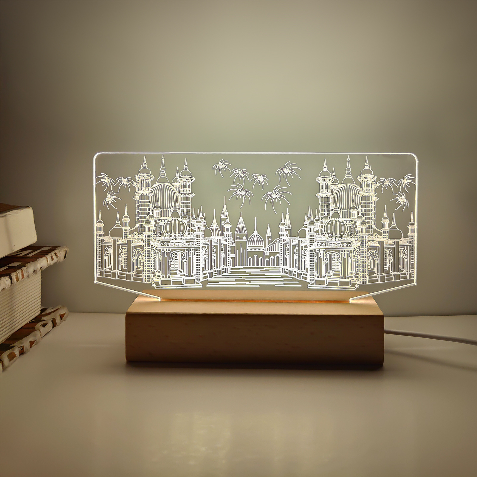 新款創意城市建築地標3d小夜燈櫸木單色七彩亞克力紀念禮品小檯燈