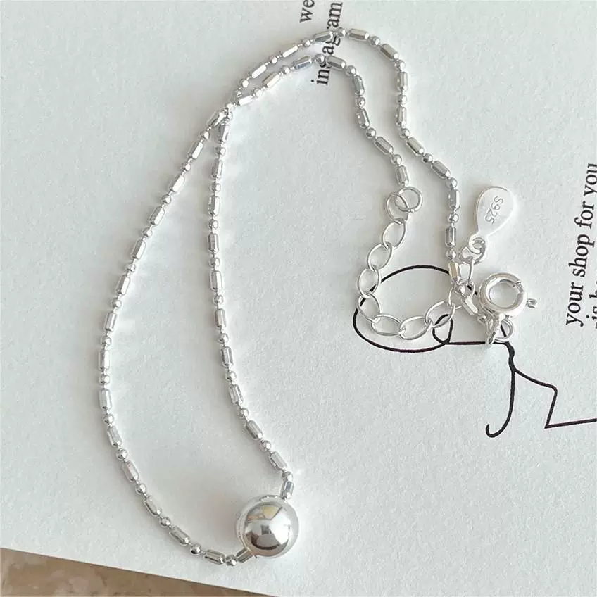 Ankle bracelet, silver round beads, chain, Korean style, silver 925 sample, simple and elegant design