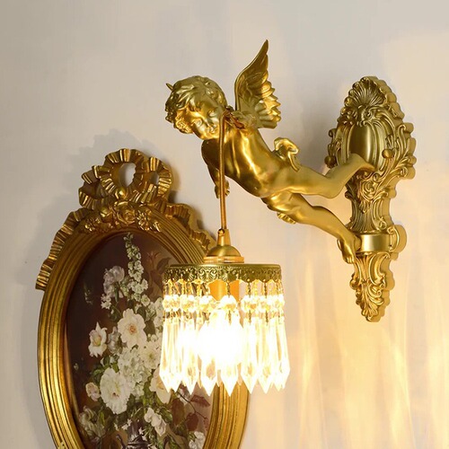 French full copper angel wall lamp for antique living room, bedroom, study, corridor wall light, American retro light luxury crystal lighting
