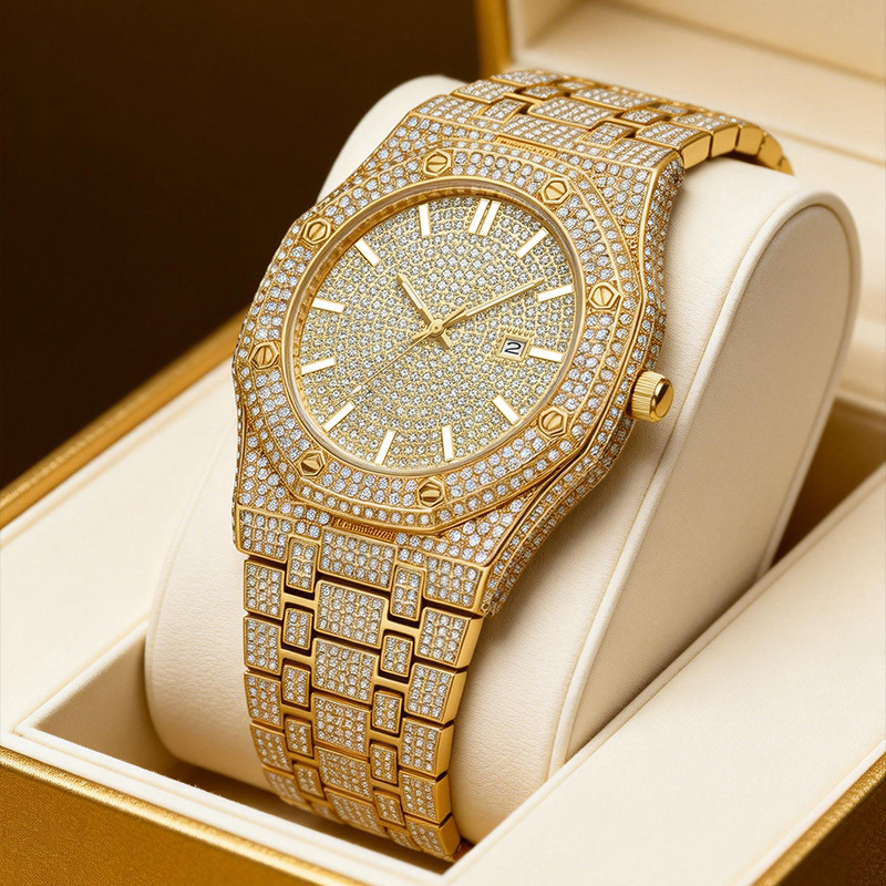 Cross-Border Full Diamond Luxury Quartz Watch, Tk Hot-Selling Business Steel Band Hip-Hop Watch, Fashionable Waterproof Men's Wristwatch