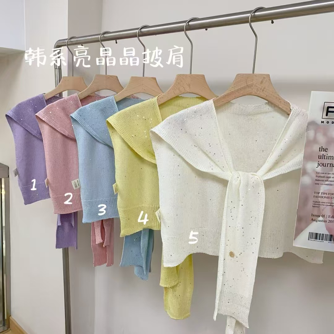 韩国新款亮片披肩女 外搭纯色打结坎肩 夏天透气亚麻针织薄款搭肩