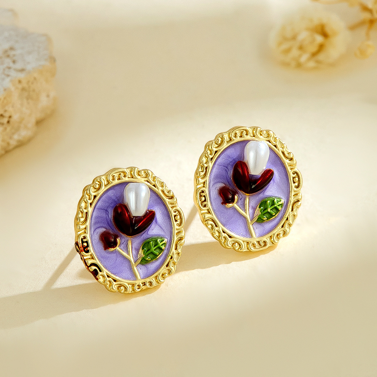Pintura al óleo medieval estilo moda todo-fósforo pintura de perlas gotas de aceite pendientes de flores estilo dulce diseño de nicho pendientes mujeres