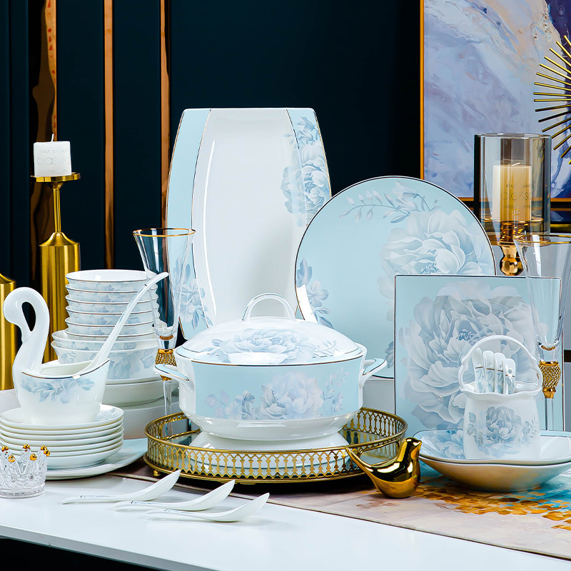 Tableware Set Jingdezhen Ceramic Tableware and Dishes Set Household High-End Accessible Luxury Bone China Bowls, Plates and Chopsticks Housewarming Gift