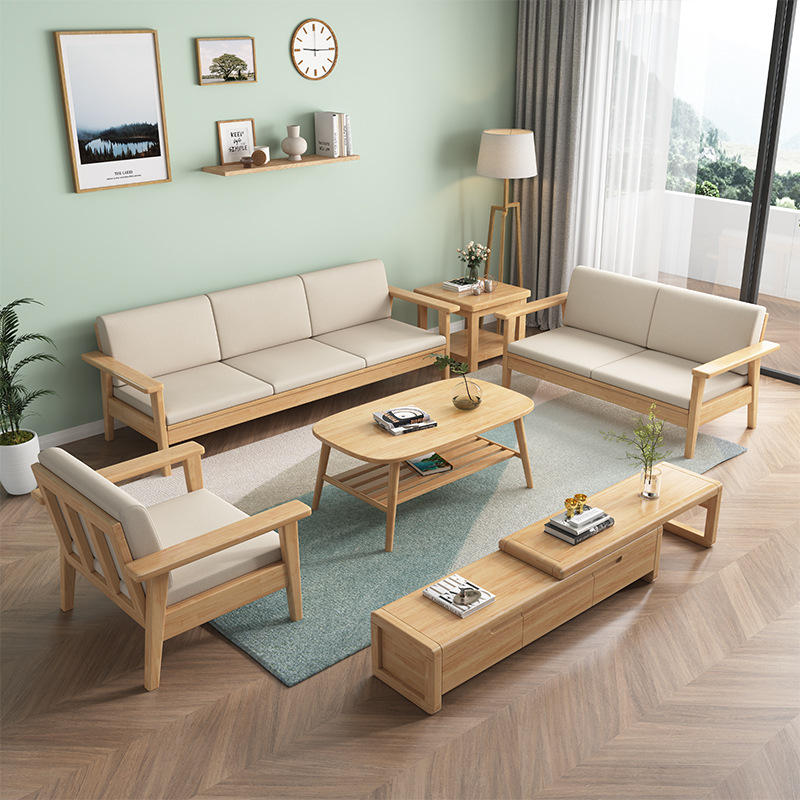 Sofá de madera maciza nórdica simple moderna sala de estar combinación concubina tela invierno y verano de doble uso pequeño apartamento madera muebles de color