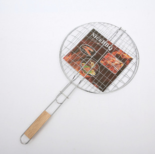 BBQ Barbecue round wooden handle anti-scald barbecue net clip stainless steel barbecue tool