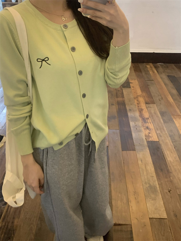 甜美温柔风刺绣蝴蝶结圆领开衫上衣春秋宽松百搭小个子简约外套女|undefined
