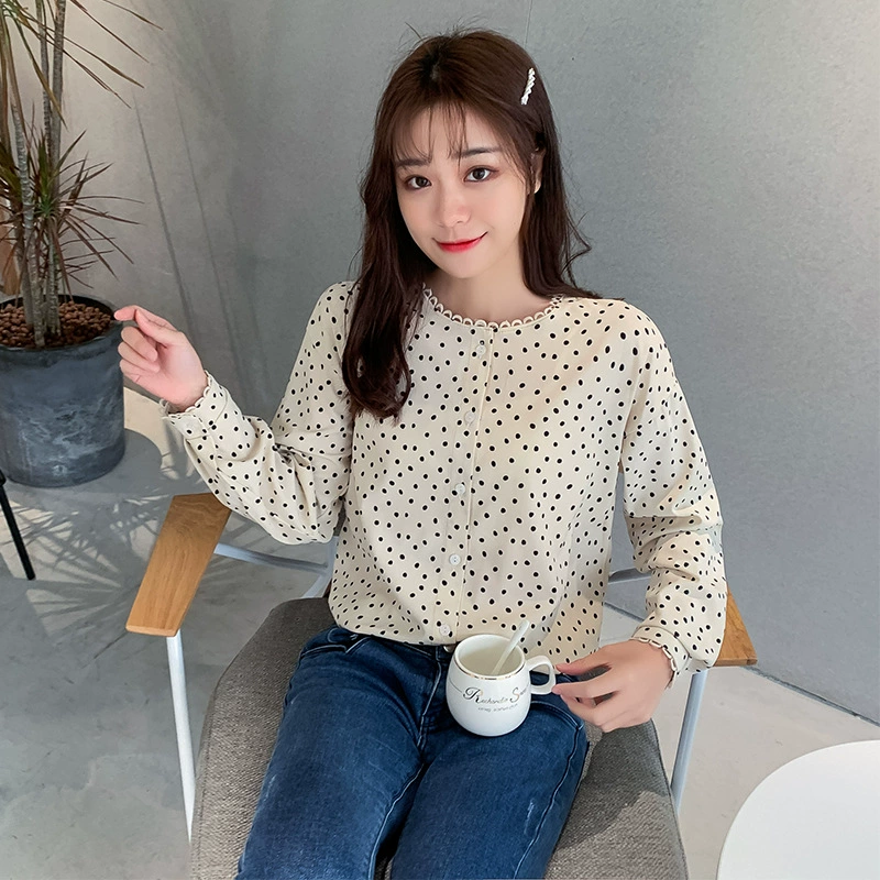 Сладкая кружевная рубашка в горошек с длинными рукавами, Женская свободная универсальная элегантная рубашка для студентов, Топ