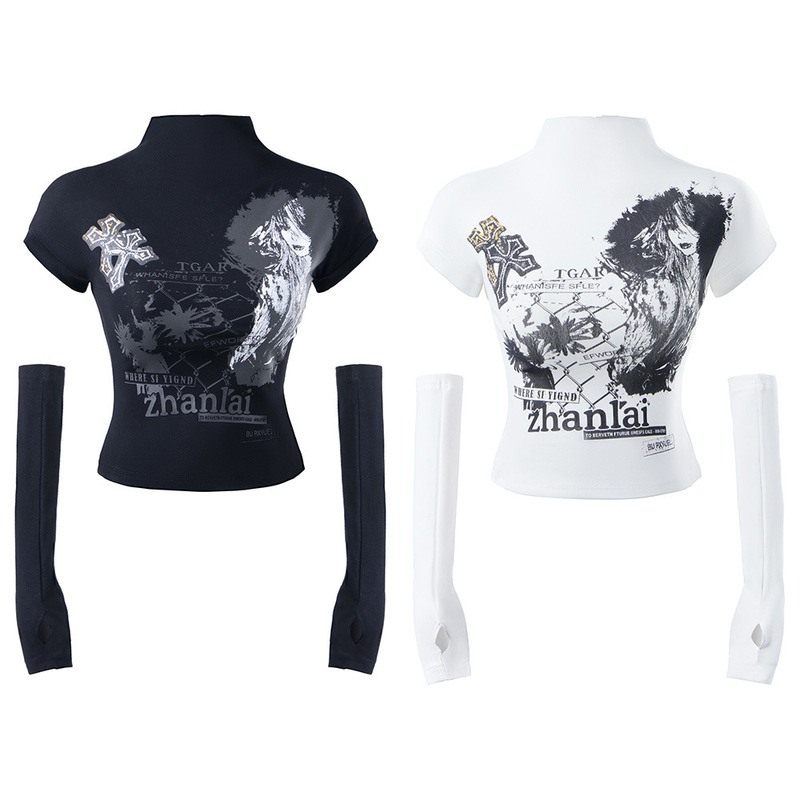 ZHANLAI American Subculture Portrait Short-Sleeve T-Shirt with Detachable Sleeves, Half-High Collar, Printed Design, Slim Fit ZHANLAI American Subculture Portrait Short-Sleeve T-Shirt with Detachable Sleeves, Half-High Collar, Printed Design, Slim Fit