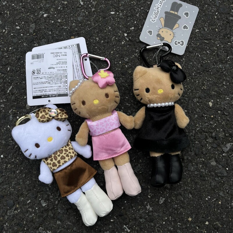Japanese-Style New Nic Leopard Print Black Leather Heart Buckle Long-Legged Kitty Bag Pendant Plush Hello Kitty Keychain Accessory