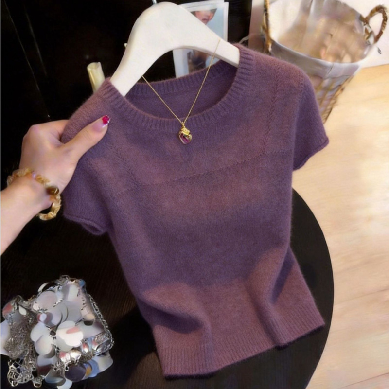 Purple Short-Sleeved Knitwear for Women 2026 Summer New Style Fashionable and Slimming Look Age-Reducing Elegant Work Clothing T-Shirt Top