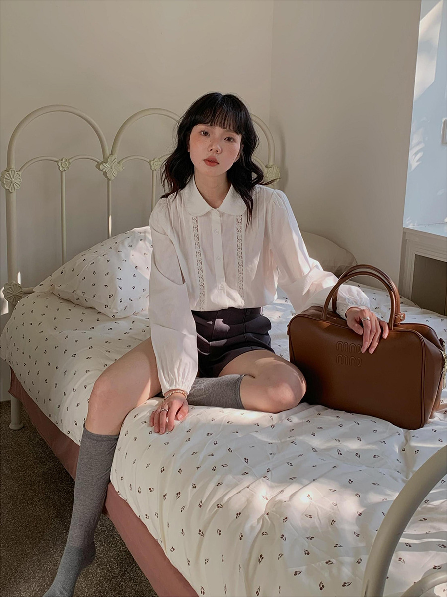 [Wu Mai's Autumn] Ge Ming フレンチドールカラーシャツ秋新作レトロレーストップス女性用 Y1122F
