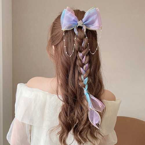 Children's braided hair bow hairpin colorful bead chain long ribbon female headwear sweet Korean style mesh hairpin on the back of the head