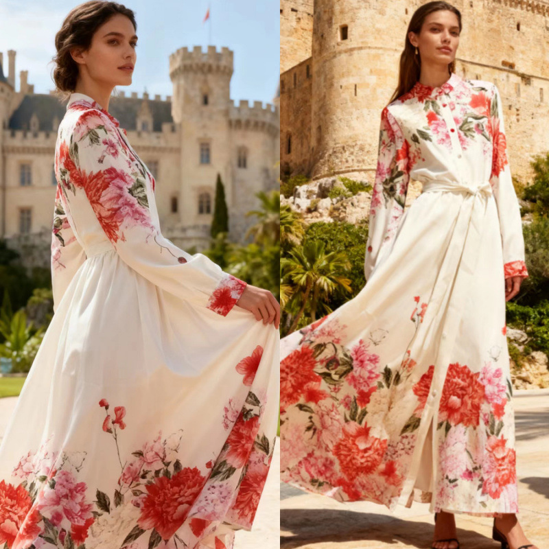 European and American 2026 Spring and Summer New Style Super Nice Dress Australian Niche Holiday Style Printed Large Hem Super Long Skirt for Women