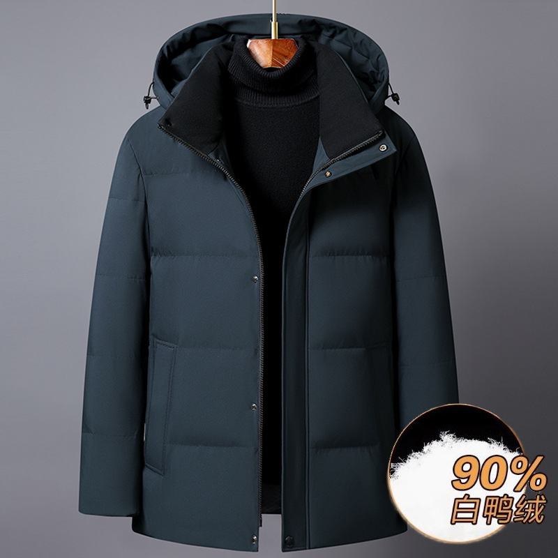 Middle-Aged and Elderly Men's Thickened down Jacket with Detachable Hood, Winter Mid-Length White Duck down Coat for Men, Winter Style for Cold Weather