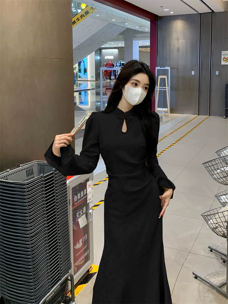 Платье цисан (cheongsam) для женщин, французский стиль осень, макси с юбкой и бретельным дизайном, больших размеров