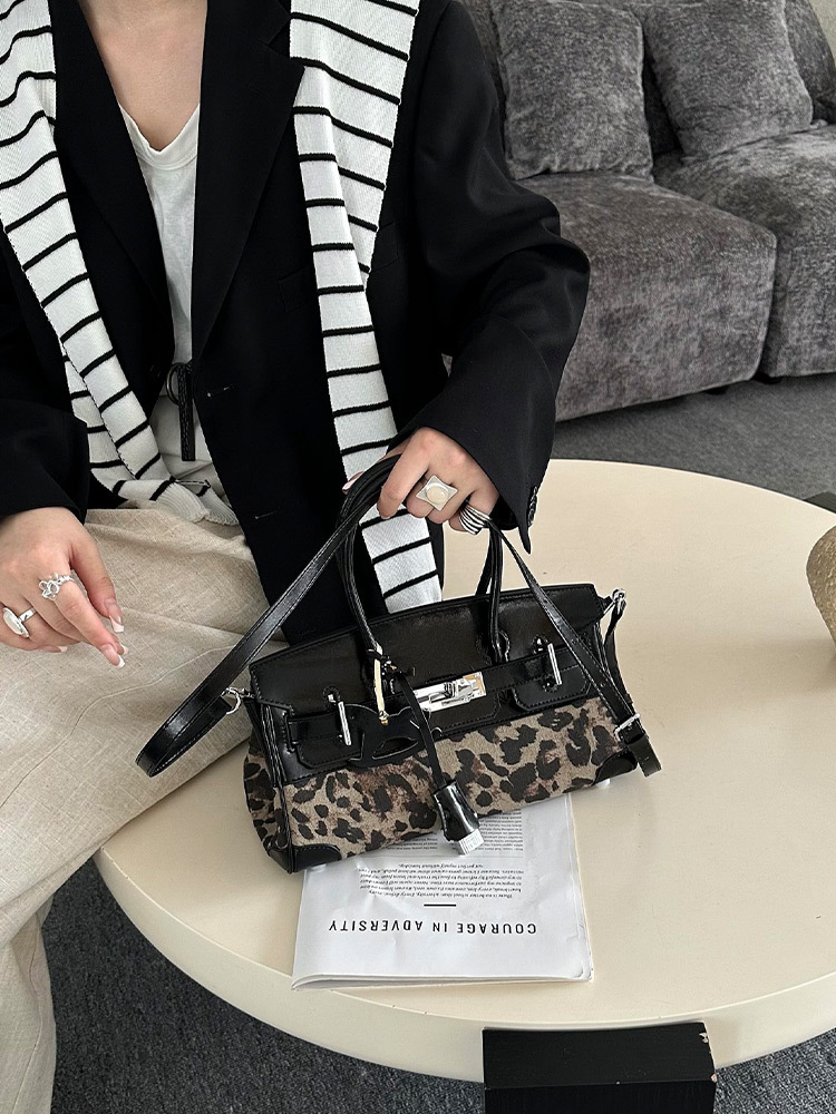 2026 Autumn New Leopard Print Horizontal Platinum Bag for Women, Casual Patchwork Color-Block Bag, Large Capacity Handbag, Shoulder Bag, Crossbody Bag