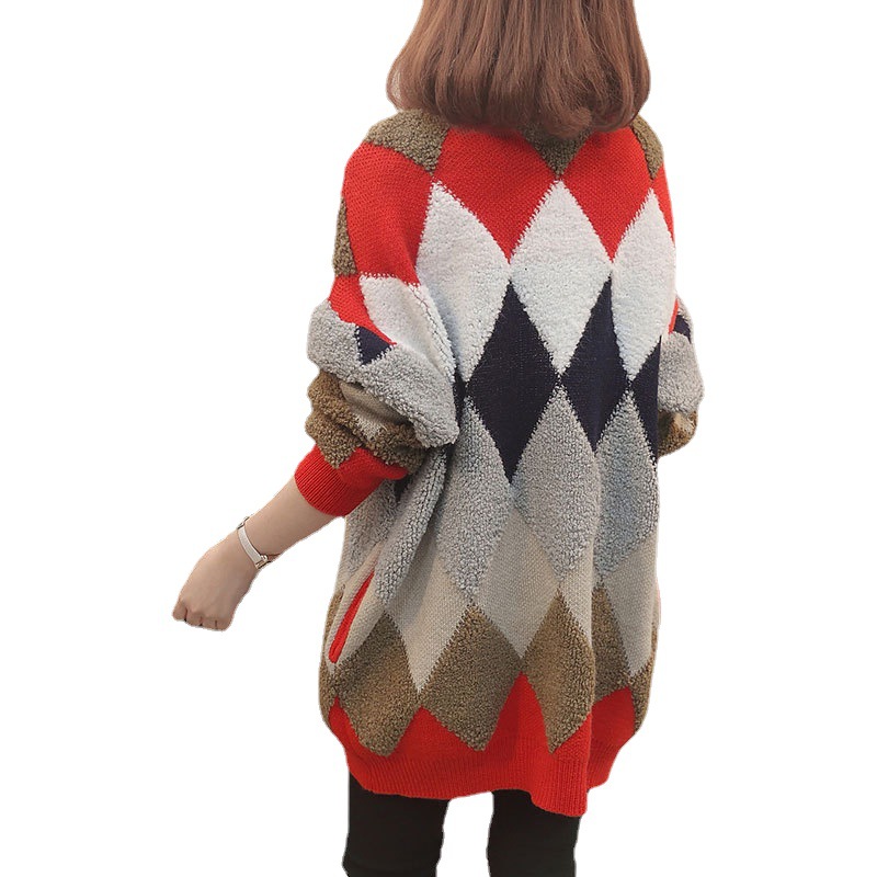 Cárdigan de punto con cuello en V y bloques de color, estilo coreano, holgado y adelgazante, con estampado de rombos, novedad primavera-otoño 2026 image 6