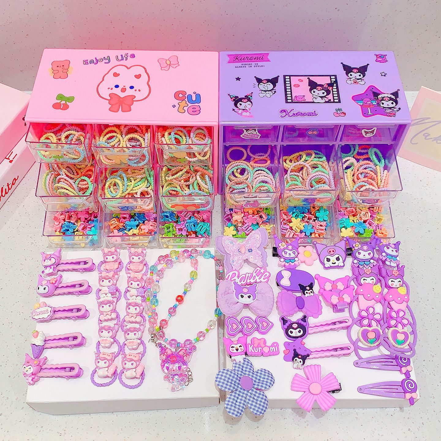 Kuromi Kidsren's Hair Accessories Gift Box Set Girls Ear Clip Necklace Ring Girls Headwear Baby Bow Hairpin