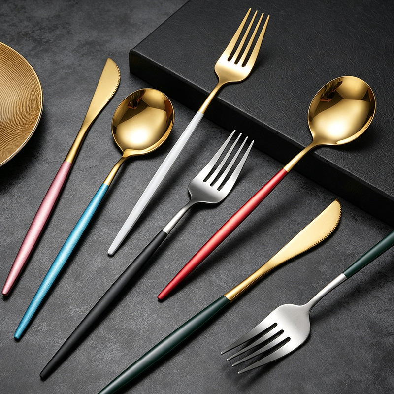 Cross-Border 410 Portuguese Knife, Fork, and Spoon Stainless Steel Tableware Gold-Plated Western-Style Steak Knife, Fork, Spoon, Coffee Dessert Spoon Cross-Border 410 Portuguese Knife, Fork, and Spoon Stainless Steel Tableware Gold-Plated Western-Style Steak Knife, Fork, Spoon, Coffee Dessert Spoon