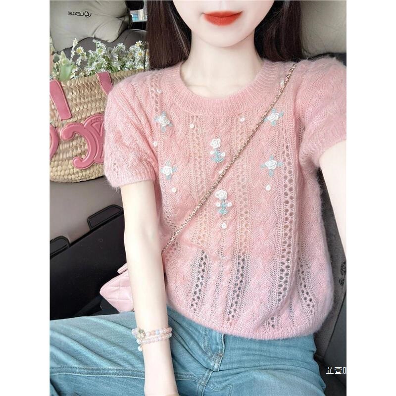 Summer Korean-Style Gentle Outfit, Hollow-Out Knitwear, Short-Sleeved Top, Sweet, Gentle, Beautiful Floral T-Shirt, Base Layer Shirt Summer Korean-Style Gentle Outfit, Hollow-Out Knitwear, Short-Sleeved Top, Sweet, Gentle, Beautiful Floral T-Shirt, Base Layer Shirt