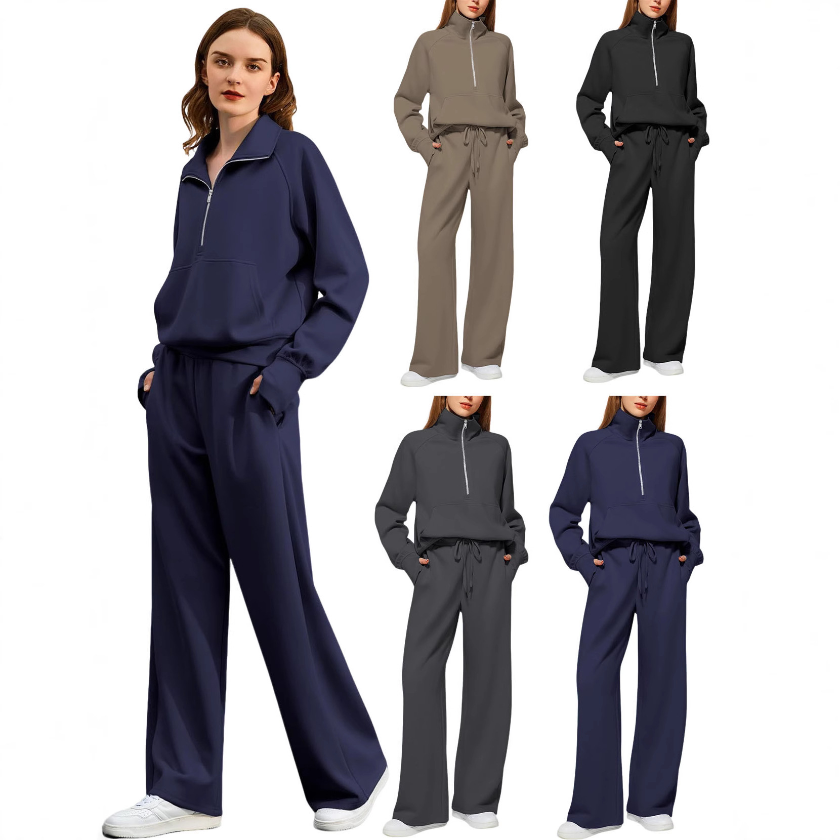 Amazon European and American Cross-Border Export Women's Solid Color Long-Sleeved Pants Casual Sweatshirt Zipper Two-Piece Suit Sportswear