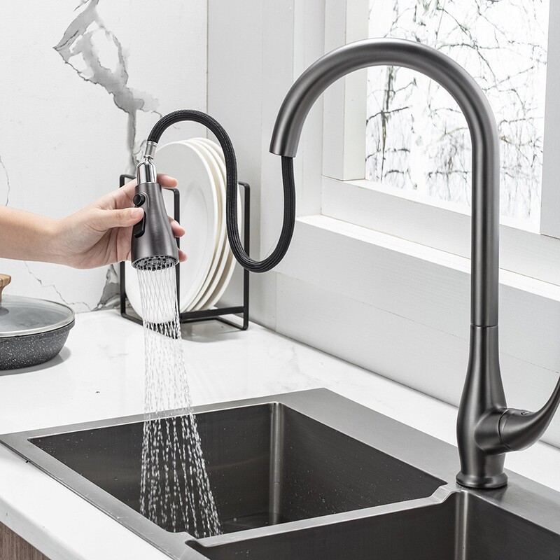 All-copper pull-down kitchen faucet, cold and hot water, for sink and vegetable washing, with a matte black finish and a showerhead All-copper pull-down kitchen faucet, cold and hot water, for sink and vegetable washing, with a matte black finish and a showerhead
