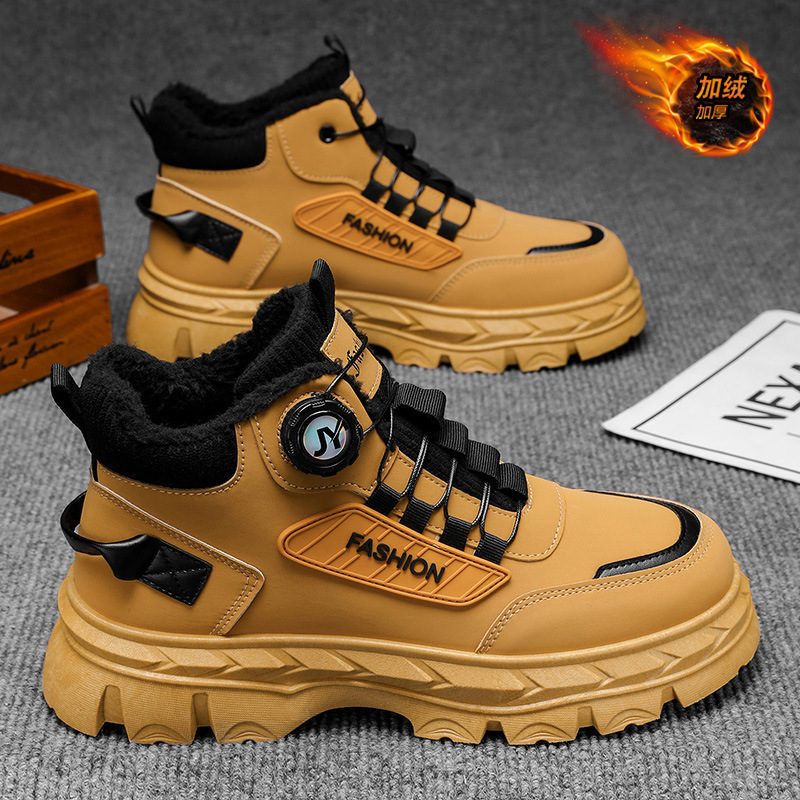 Men's British Retro Work Shoes, Thick-Soled, Thickened, Warm Cotton Shoes, Short Boots, Trendy Shoes, Winter Fleece-Lined High-Top Martin Boots