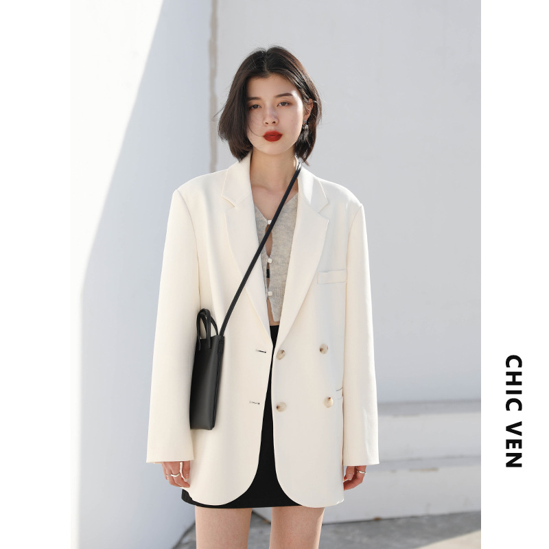CHICVEN Street Casual Loose Double-breasted White Suit Jacket Women's Mid-length Suit Jacket 2021 Autumn
