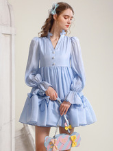 減齡藍色娃娃裙2023秋季甜美蝴蝶結少女立領泡泡袖蓬蓬連衣裙