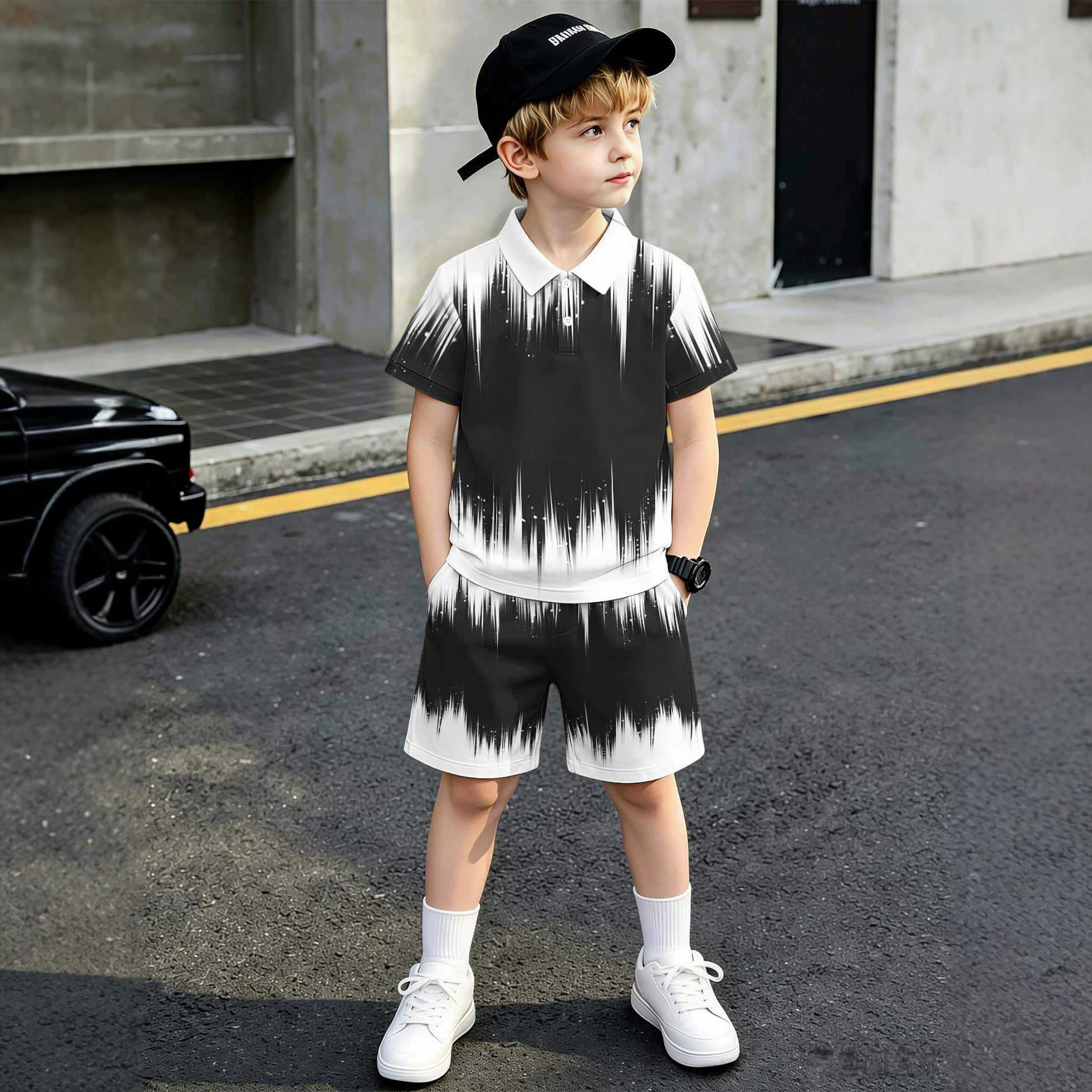 Camisa polo com estampa 3D, estilo europeu-americano, conjunto infantil de camiseta polo e shorts, conjunto popular de duas peças._voghion.com