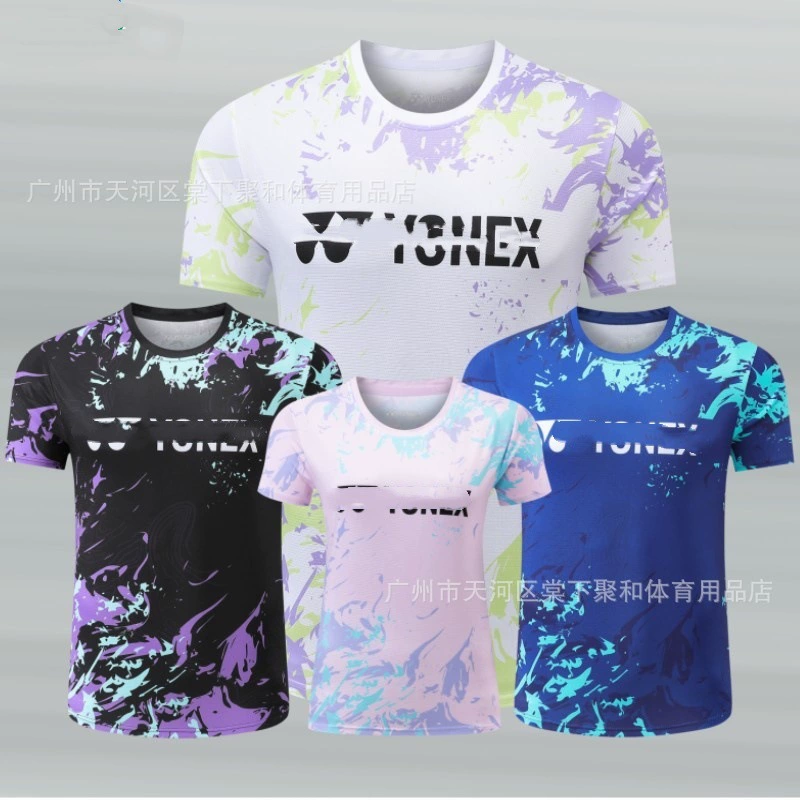 25 новых теннисных костюмов yy для мужчин и женщин, детские тренировочные спортивные быстросохнущие футболки с круглым вырезом и короткими рукавами для фитнеса и принтом