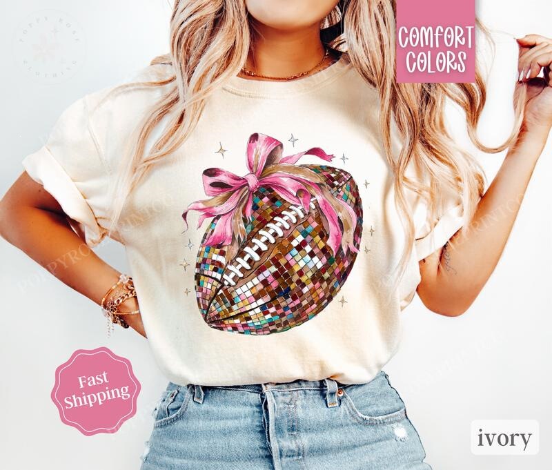 U 63524 Glitter Football Pink Bow Print T-Shirt Sequin Butterfly T-Shirt
