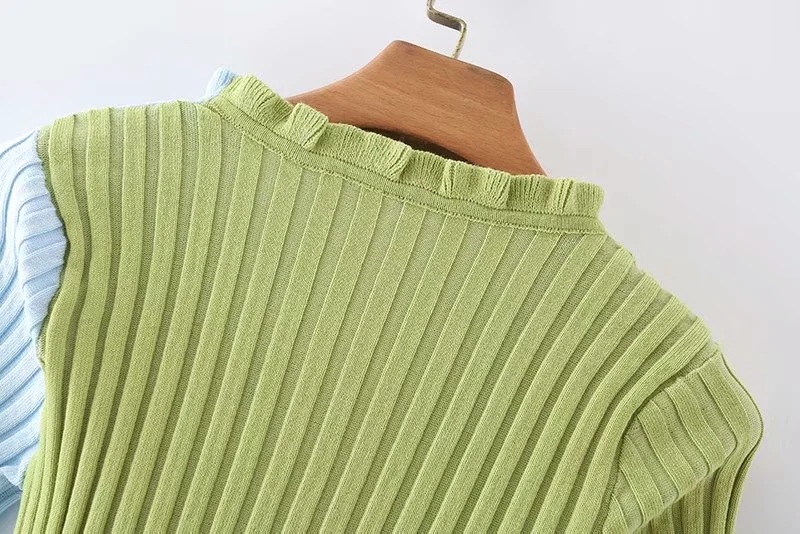 short-sleeved lettuce-edge color-blocking sweater NSAC37234