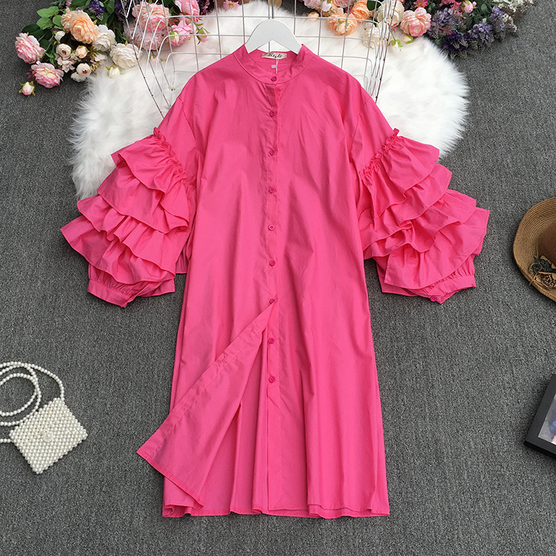 European and American ins design multi-layer ruffled puff sleeve loose mid-length shirt for women dress autumn